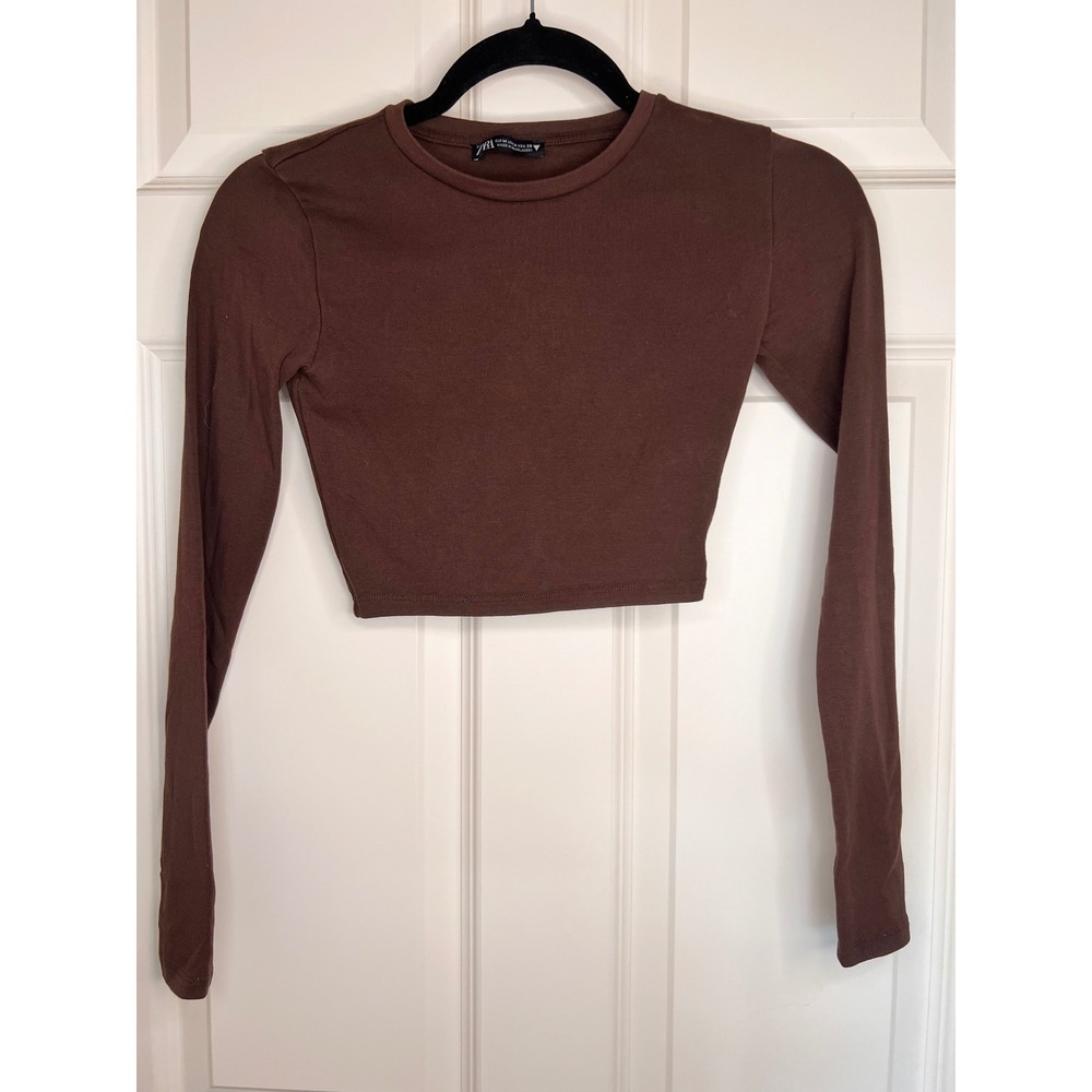 Zara Brown/Mauve Crop Top Long Sleeve‎ Ribbed Basic Neutral Shirt Size Medium